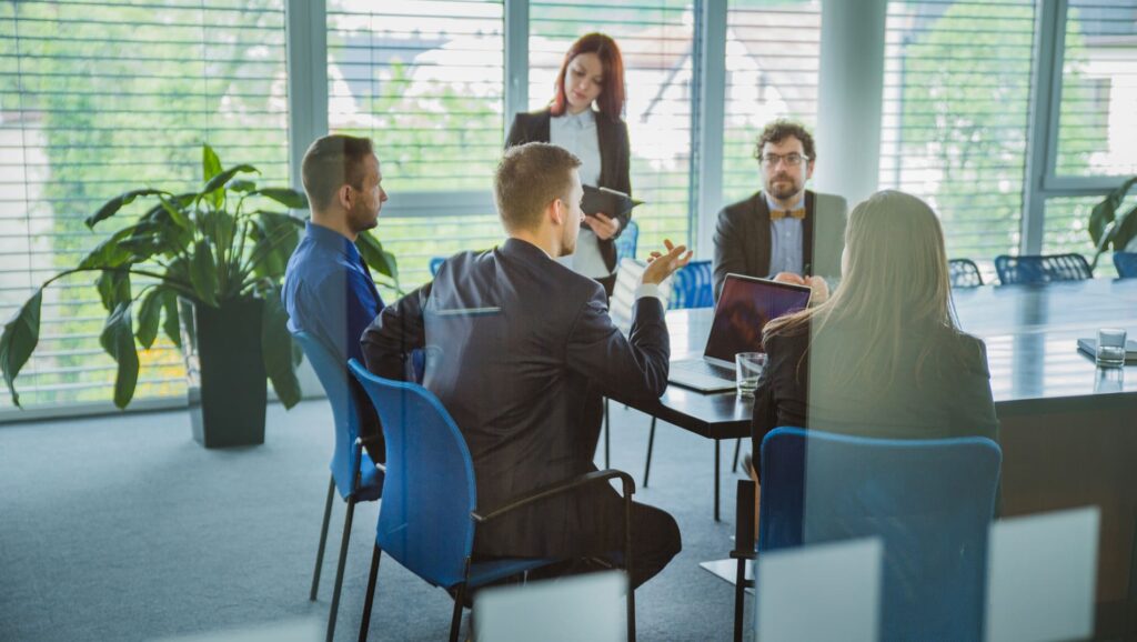 colleagues in contemporary office coworking