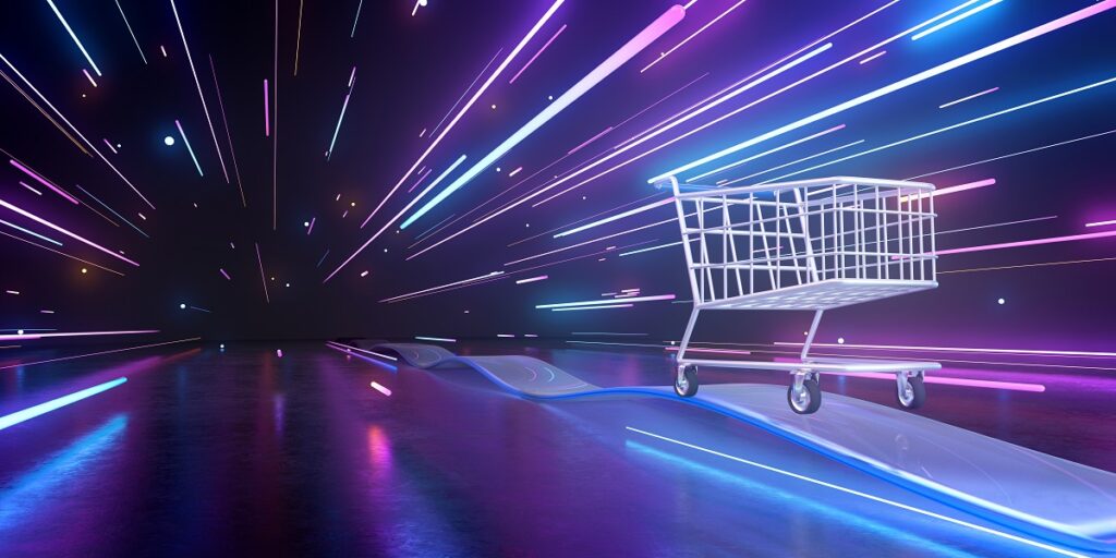 3d rendering of shopping cart and light trails.